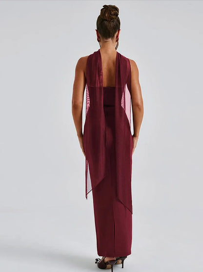 Pleated Tube Long Dresses Slim Fit Sleeveless Dress With Silk Scarf Gloves Female Summer Evening