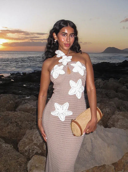 Knitted Flower Long Dress Hollow Halter Sleeveless Maxi Dresses Female Summer Vacation Beach Vestidos