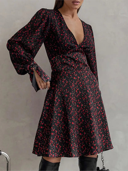 Printed Mini Dresses Deep V Neck Long Sleeve Waist Cinched Aline Vestidos Office Lady Dresses