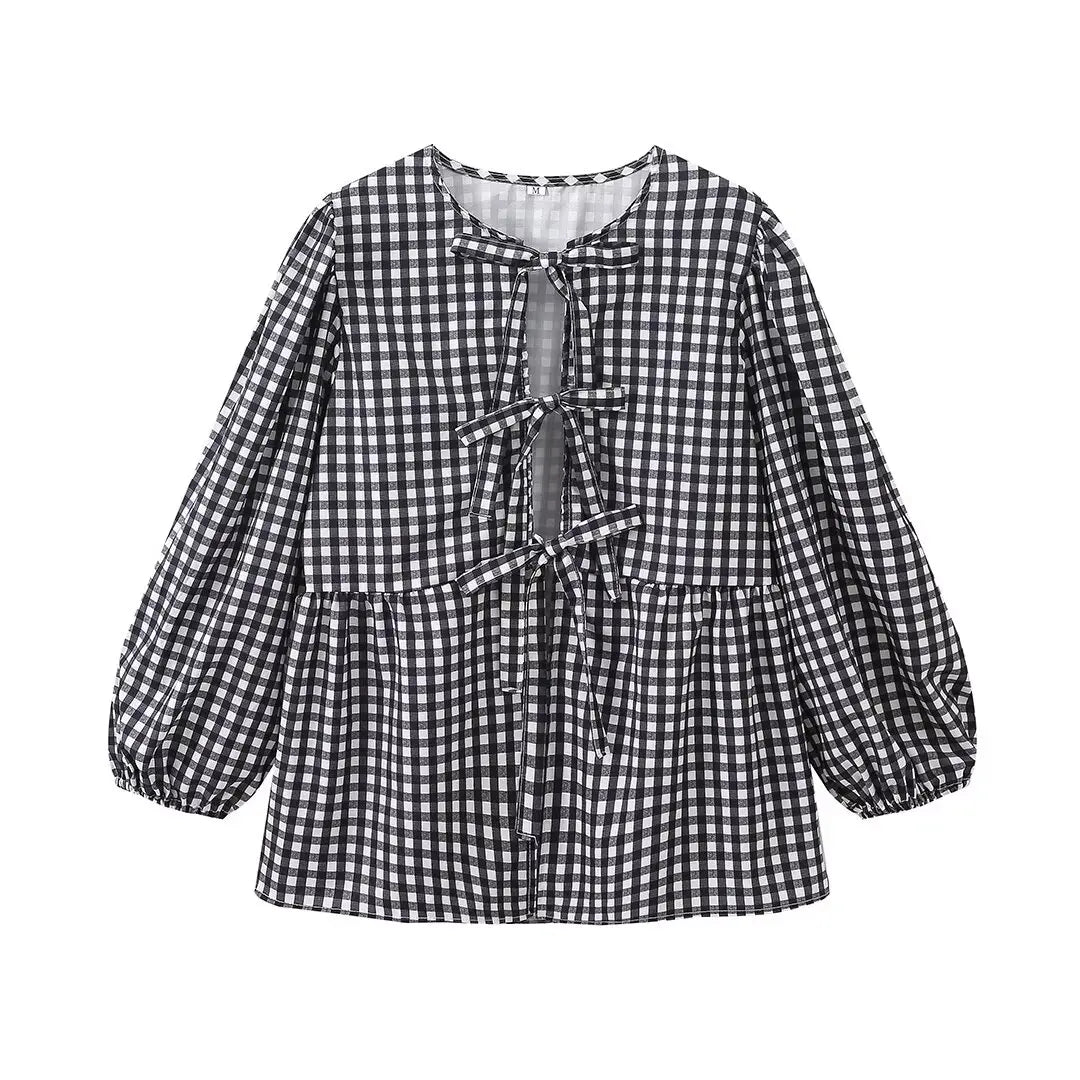 Summer Causal Round Neck Laceup Blouses Puff Long Sleeves Loose Shirt Y2k Female Stripe Tops