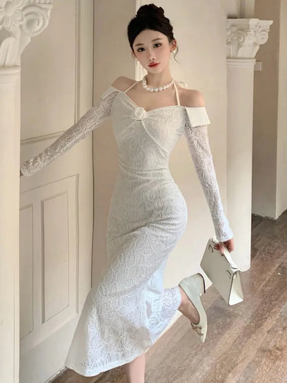 Long Dress Slash Neck Slim Bodycon Short Lace Dresses Evening Party Autumn Spring New Vestidos