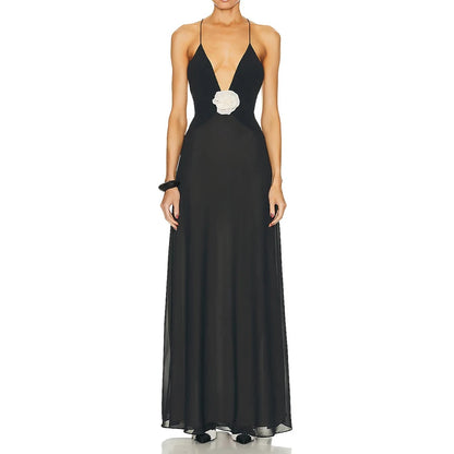 3d Flower Decro V Neck Low Cut Dress Backless Spaghetti Strap Long Dress Club Party Holiday Vestidos