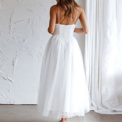 Embroidered Lace Party Dress Vneck Sleeveless Long Dress Loose Hollow Out Beach Dress