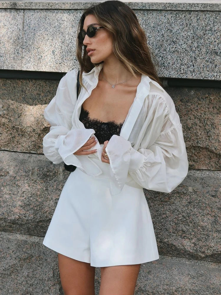 Autumn See-through Shirts Top for Loose Slim Long Sleeve Lapel Cardigan ’s Pleated Shirts Top
