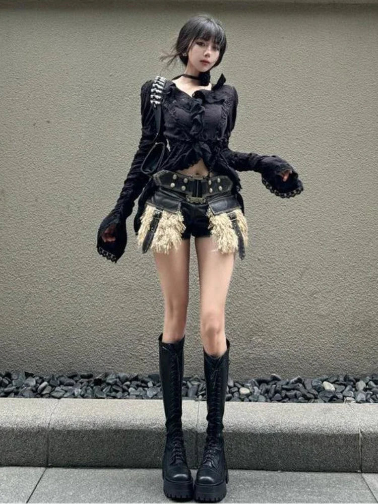 Pleated Blouse Ruffled Slim Harajuku Ruffled Tops Y2k Aesthetic Lace Patchwork Black Shirts De Mujer