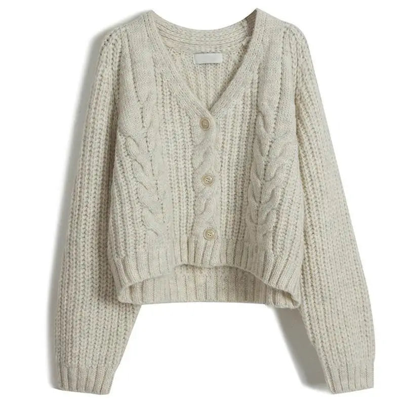 Long Sleeve Cardigan Crochet Sweater Autumn Winter Korean Vneck Single Breasted Short Tops
