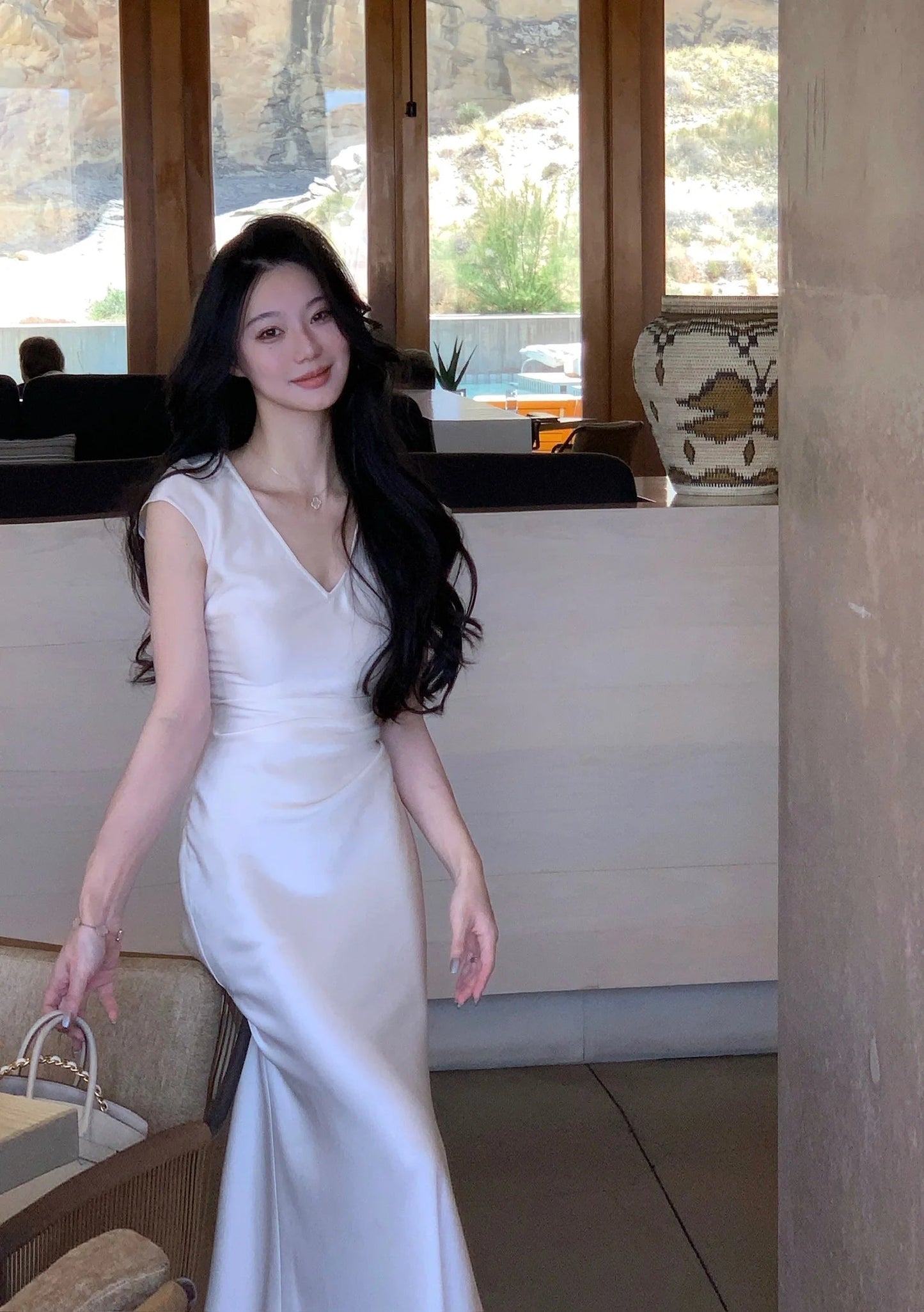 Vneck Slim Midi Dresses for Sleeveless Party Prom Female Clothes Summer