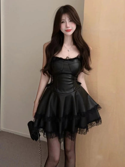 Summer Spring Faux Leather Backless Y2k Club Mini Dress Sleeveless Female New Clothes Vestidos