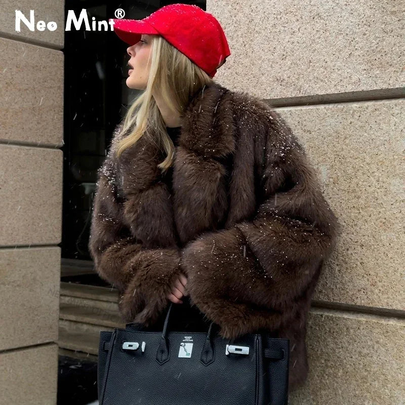 Winter Faux Fur Coat Brand Fluffy Fox Fur Outerwear Overcoat Girl Street Style Furry Warm Jacket