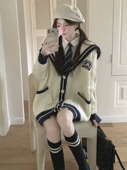 Sailor Collar Knitted Cardigan Oversized Preppy Style Sweaters Coat for Korean Style New