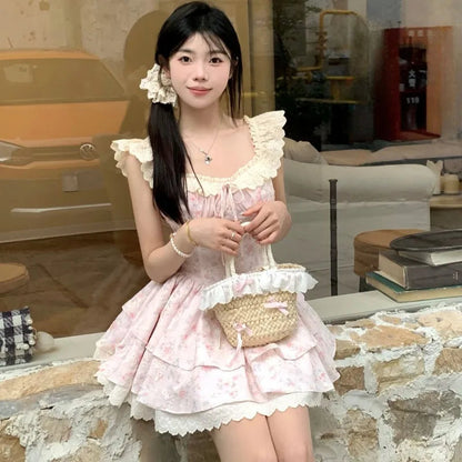 Flying Sleeve Sweet Mini Dresses Square Neck Ruffles Spring Summer Dress Korean Vestidos Mujer