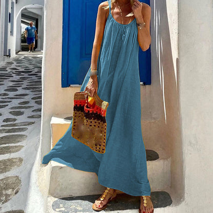 Color Spaghetti Strap Dresses Loose Backless Beach Vacation Long Dress Female Vestidos