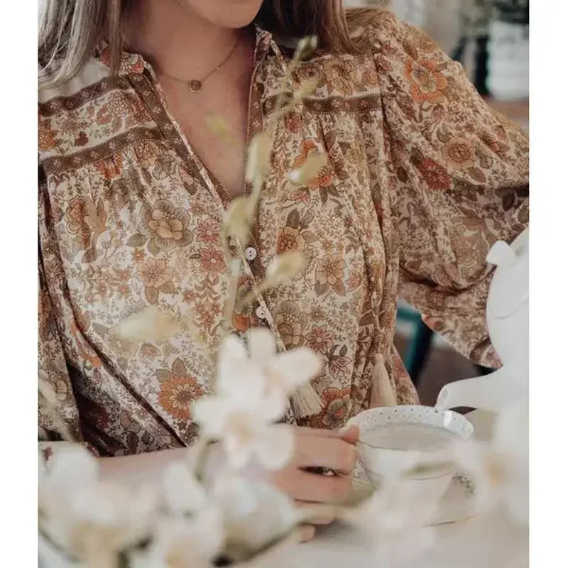 Super Print V-neck Tassel Blouse