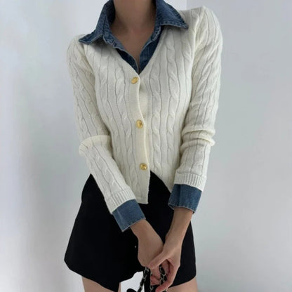 Contrast Color Denim Patchwork Longsleeved Cardigan Autumn New Polo Collar Multi Buttons Knitted Tops