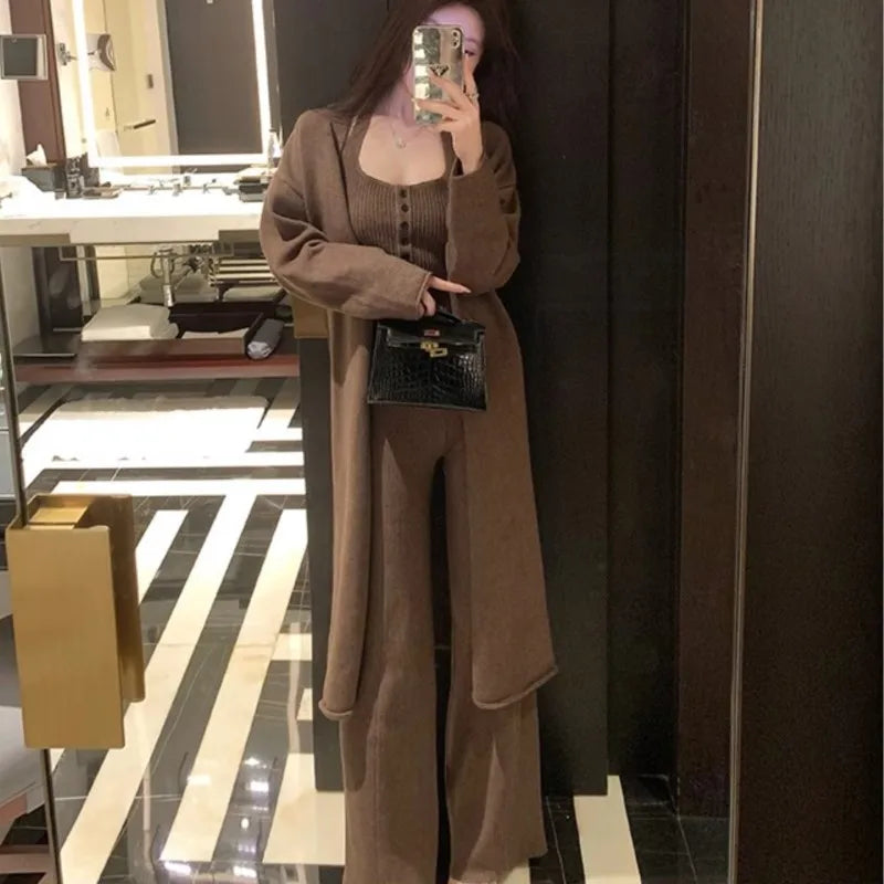 Autumn Winter New Knitted 3-piece Set Halter Vest Long Cardigan Long Pants Korean Female Outfits