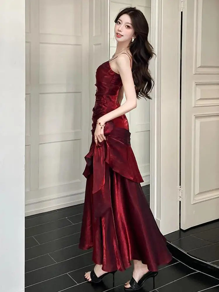 Summer French Red V Neck Sleeveless Ruffle Edge Slip Long Dress Backless Vacation Pleated Evening Party Dress