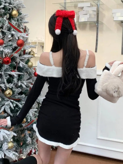 Kawaii Christmas Mini Dress Y2k Sweet Spaghetti Strap Slash Neck Birthday Party Dresses Bodycon Vestidos Female Outfits
