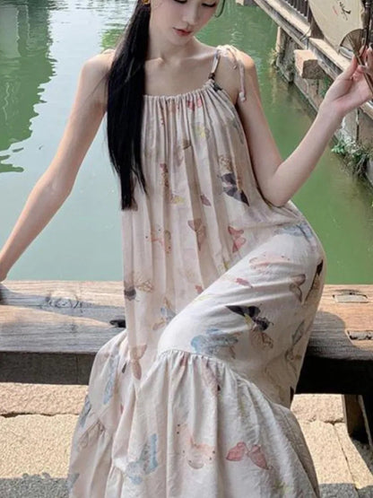 Butterfly Print Party Pleated Long Dress for Summer Club Beige Backless Bandage Slip Vestidos Robe