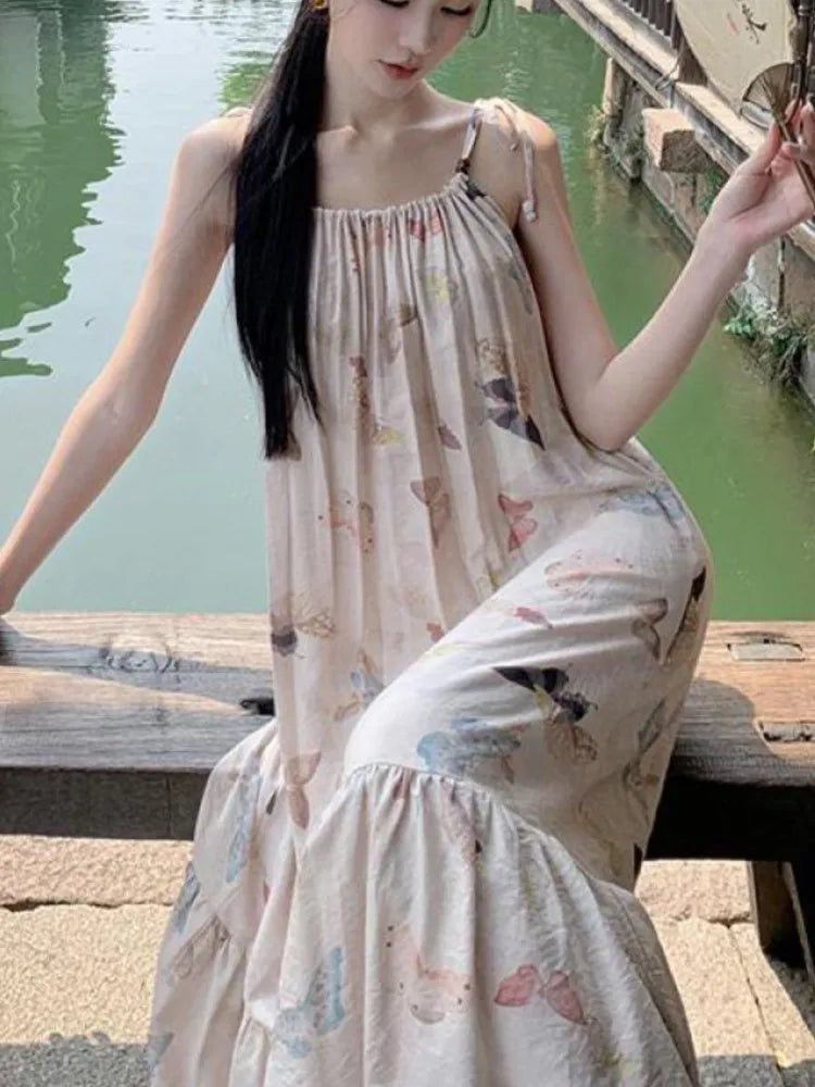 Butterfly Print Party Pleated Long Dress for Summer Club Beige Backless Bandage Slip Vestidos Robe