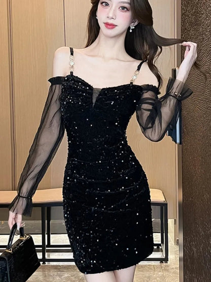 Sequins Velvet Dresses Korean Off Shoulder Slash Neck Slim Evening Party Mini Dress Female Short Vestidos Clothes