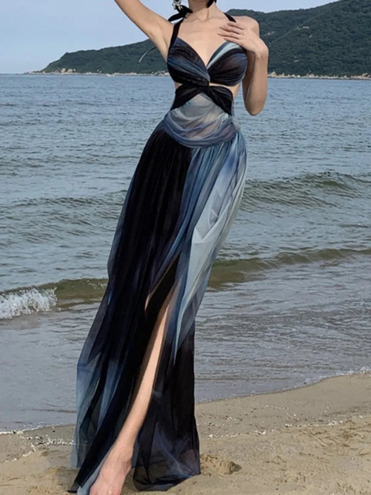Halter Midi Dress Sleeveless Aline Party Beach Holiday Clothes Female Vestidos Robe