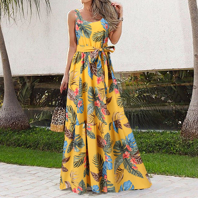 Summer Flower Print Sleeveless Long Dresses Vacation Style Dress O Neck High Waist Leace-up Maxi Vestidos