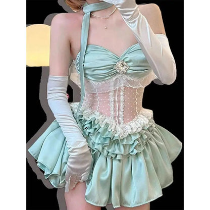 Mint Green Waist Corset Lace Spliced Strapless Dress for Summer New Spicy Girl High Waist Slimming Puffy Cake Mini Dress
