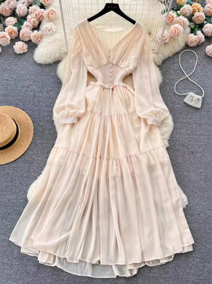 Chiffon Long Dress V-neck Long Sleeved Dresses French Pleated Slim A-line Long Robe Vestidos