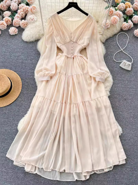 Chiffon Long Dress V-neck Long Sleeved Dresses French Pleated Slim A-line Long Robe Vestidos