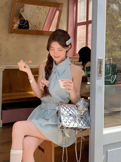Korean Shirt Dress Sleeveless Office Lady Y2k Mini Dress Clothing Beach Even Party Summer