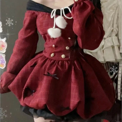 Y2k Christmas Red Party Dress Sweet Plaid Bow Dresses Female Korean Kawaii Mini Dress