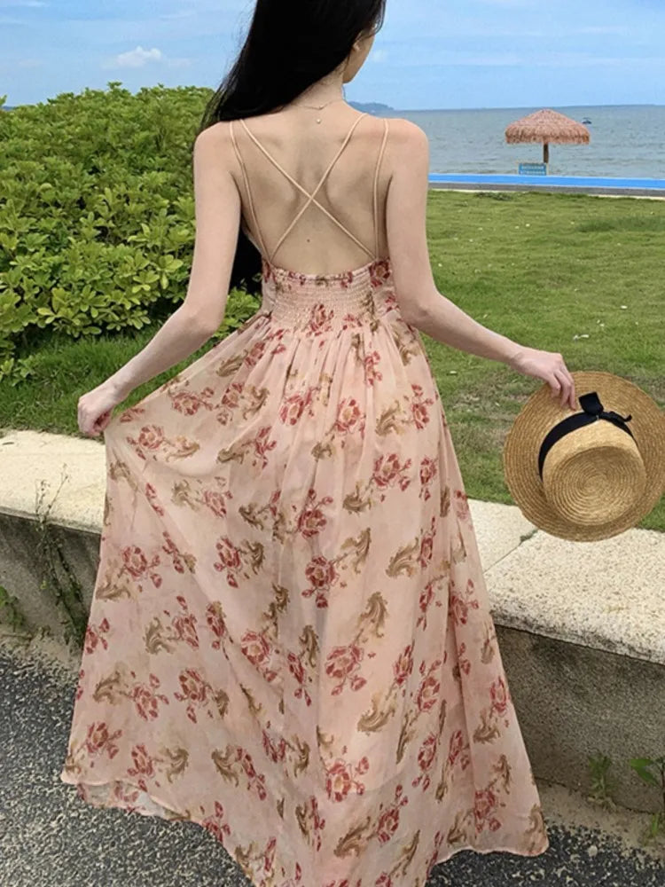 Summer New Spaghetti Strap Long Dresses for Backless A-line Beach Style Korean Party Dress Vestidos