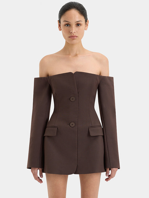Off-shoulder Strapless Blazer Dress for Zipper Two Pocket Long Sleeve Backless Mini Dress