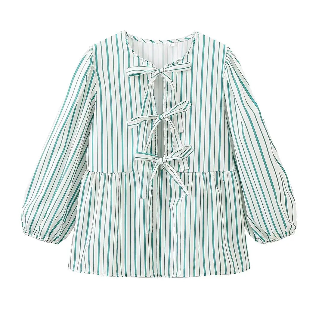 Summer Causal Round Neck Laceup Blouses Puff Long Sleeves Loose Shirt Y2k Female Stripe Tops
