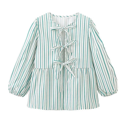 Summer Causal Round Neck Laceup Blouses Puff Long Sleeves Loose Shirt Y2k Female Stripe Tops