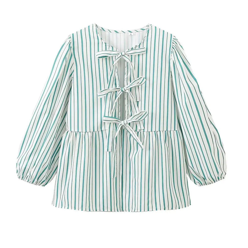 Summer Causal Round Neck Laceup Blouses Puff Long Sleeves Loose Shirt Y2k Female Stripe Tops