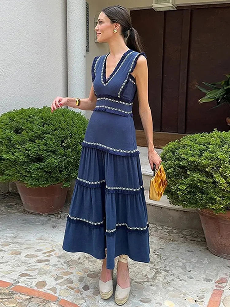 Tassel Spliced Print Ruffles Long Dress V Neck Sleeveless A-line Robe Lady Holiday Robe