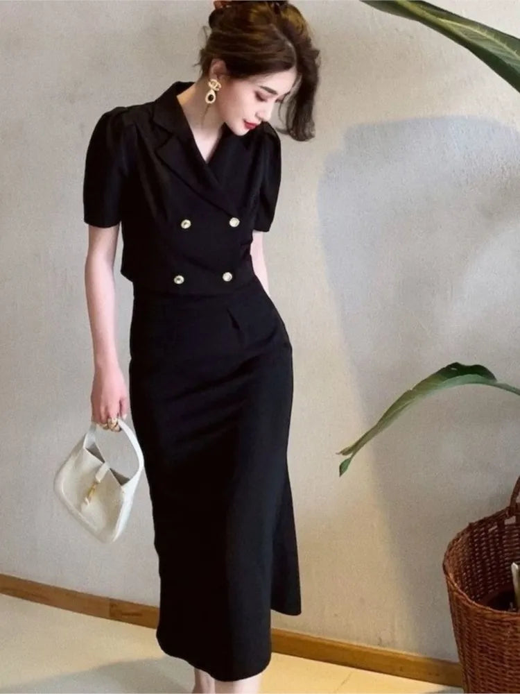 Summer Blouse Suits Purple Korean Short Sleeve Shirts +hight Waist Skirts 2 Pieces Set