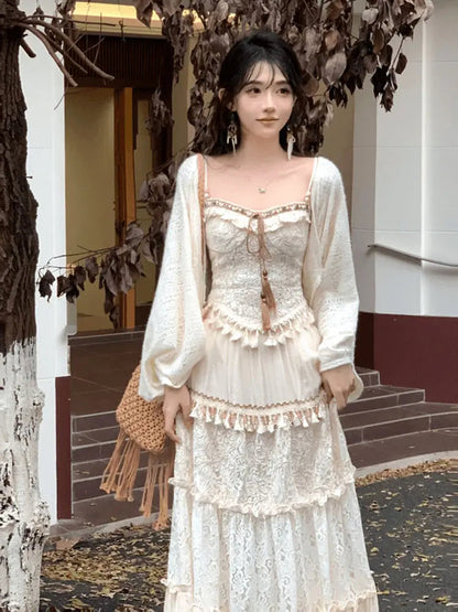 Travel Outfits Vacation Style Three Piece Set for Autumn New Gentle Tank Top+long Skirt+cardigan