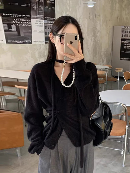 South Korea Cardigan Simple Temperament Vneck Neck Irregular Buckle Waist Slimming Tops Long Sleeve Sweater