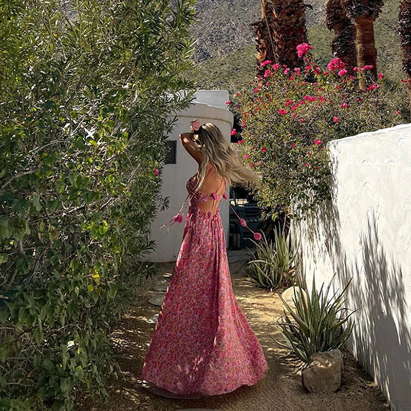 Cross Halter Rose Design Maxi Dress Spring Print Long Party Dress Summer Backless Hollow Holidays Dresses