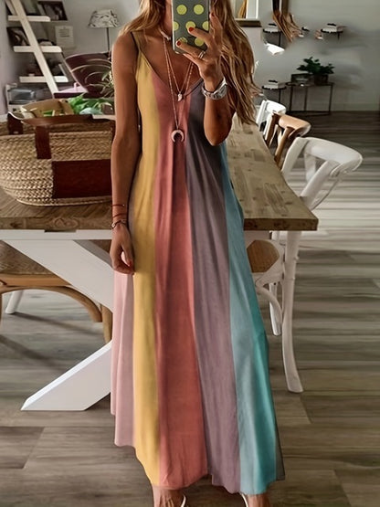 Color Gradient Print Spaghetti Strap Dresses Summer V-neck Beach Vacation Style Long Dress Female A-line Vestidos