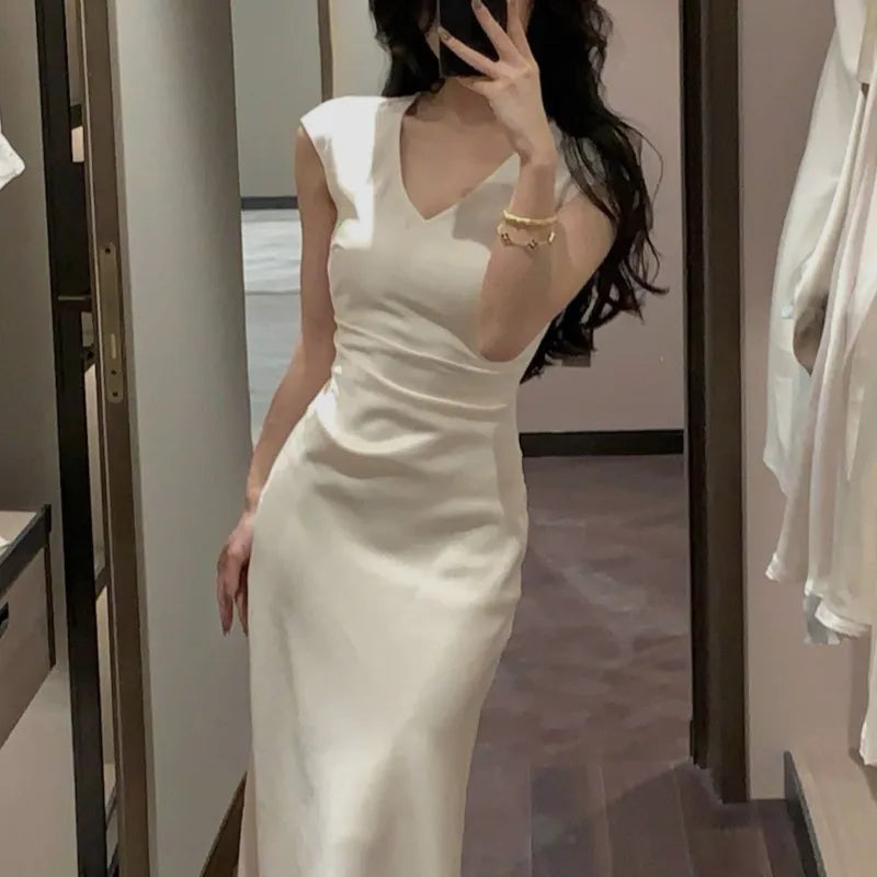 Vneck Slim Midi Dresses for Sleeveless Party Prom Female Clothes Summer
