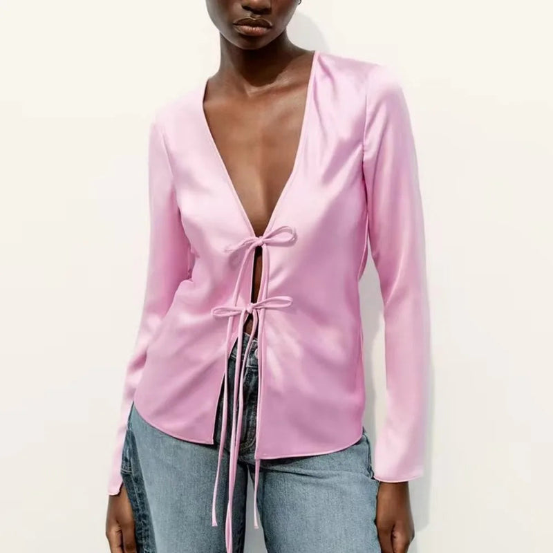 V-neck Tie Up Bow Silk Satin Blouse