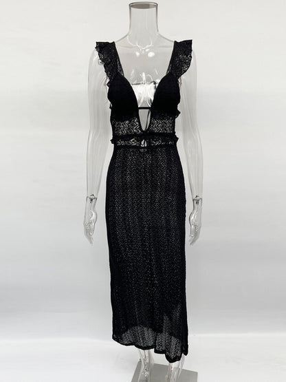 Knit V-neck Maxi Dress ’s Slim High Waist See-through Patchwork Bandage Backless Dress Female Knitwear Dress