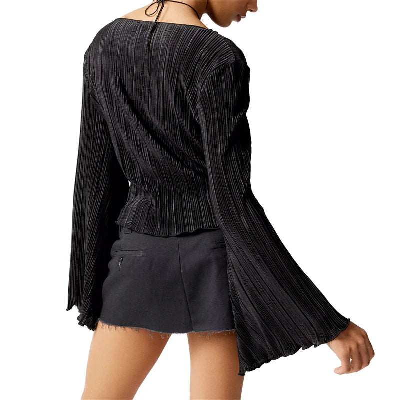 Y2k Blouse Top 2000s Color Single Breasted Long Sleeve Shirt Pleated Clothes With Ruffle Edge