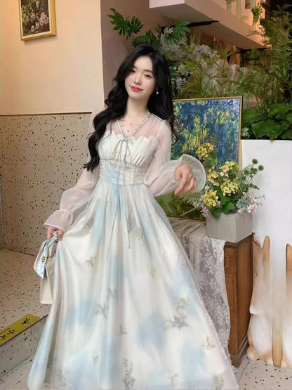 V Neck Long Dress Spring Summer Aline French Style Dresses Sweet Aline Vestidos Mujer