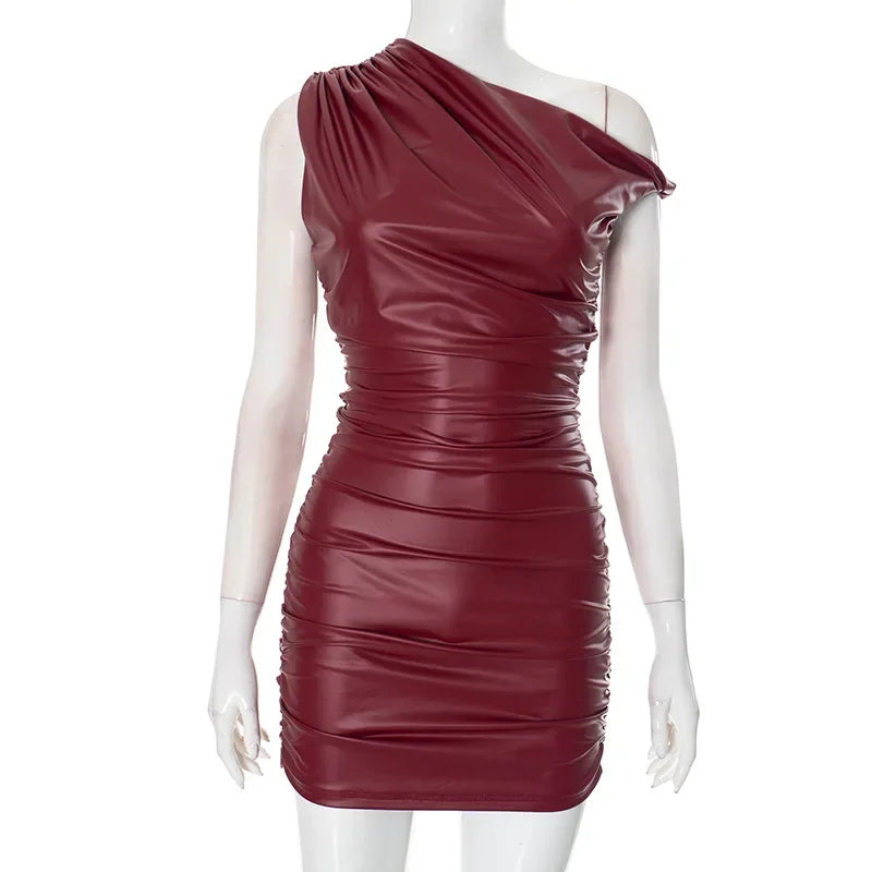 Faux Leather Skew Collar Mini Dress for Twist Sleeveless Ruched Dress Slim Fit Female Club Party