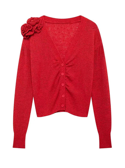 Knitted 3d Flowers Cardigan Retro V-neck Slim Long Sleeve Short Sweaters Female Spring Street Knitwear