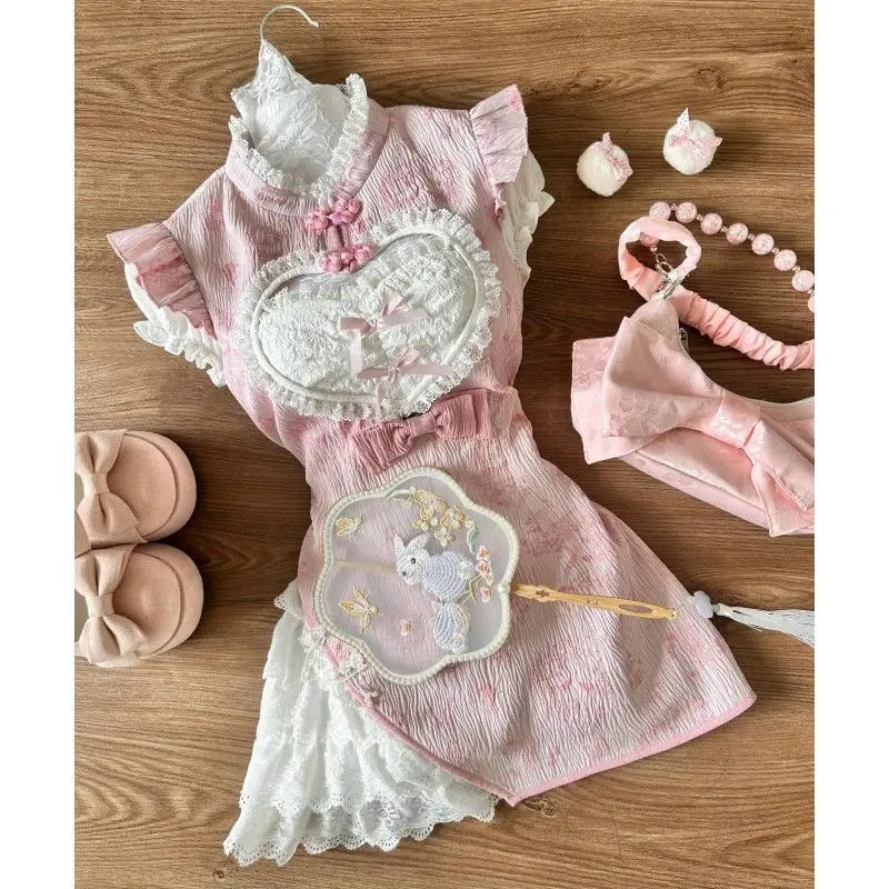 Sweet and Girl Retro Chinese Style Printed Design Improved Cheongsam Dress Slim Mini Dress Cos Apron Set Clothing